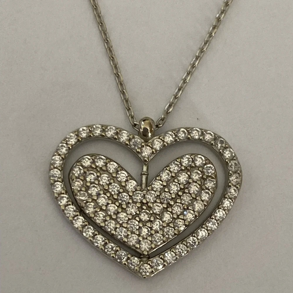 💗 Reversible spinning 925 silver heart necklace clear cubic zirconia cz stones